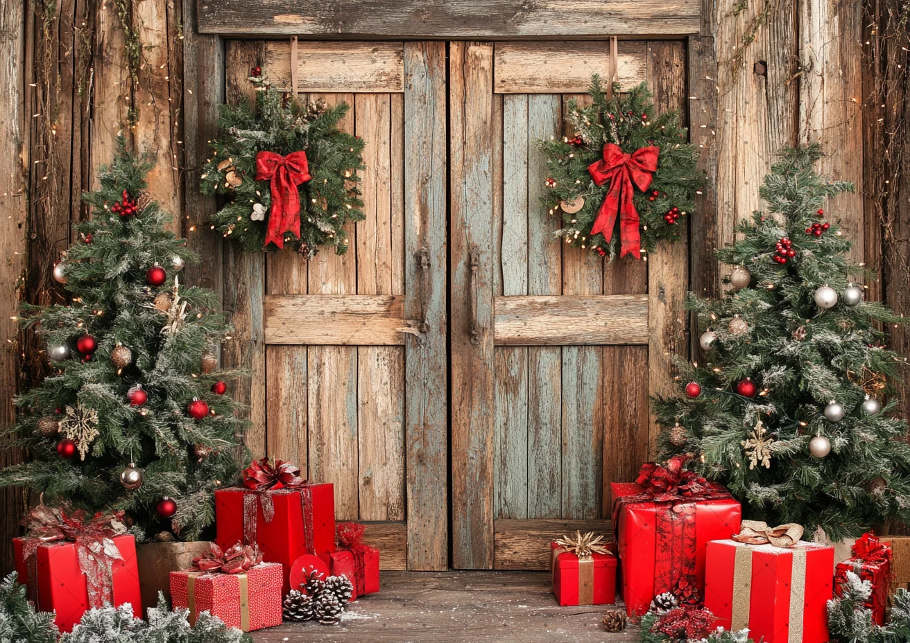 Winter Christmas Photography Background Xmas Warehouse Wooden Door Gifts Holiday Decoration Children Portrait Photo Backdrops