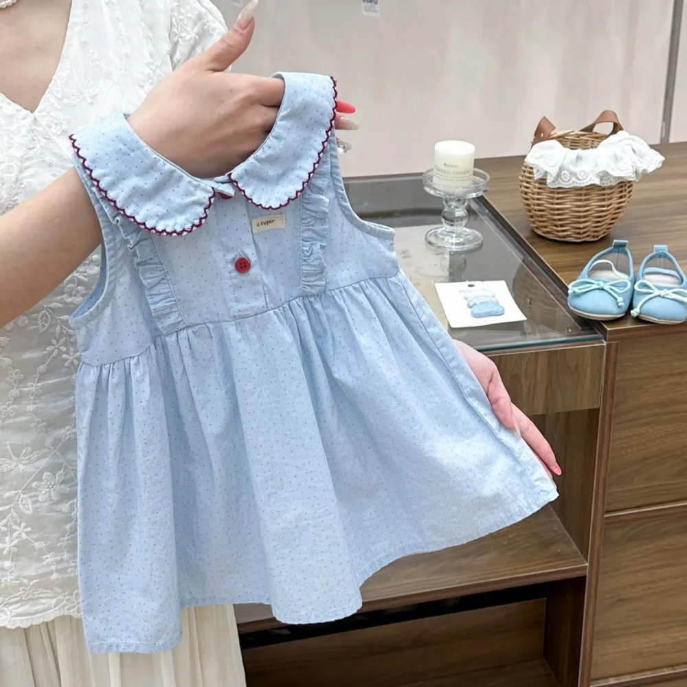 Summer New Blue Round Neck Sleeveless Lapel Polka Dot Casual Dress for Girls Aged 2-7 Korean Version