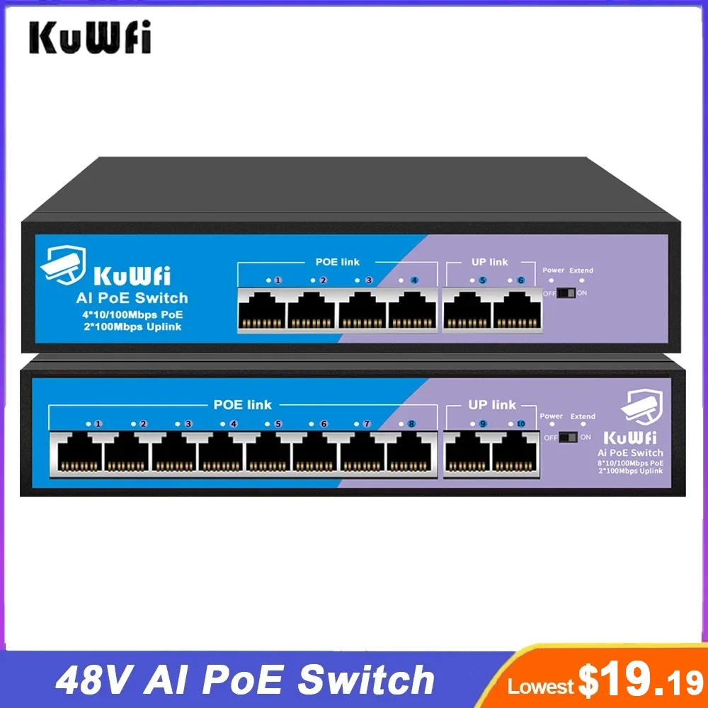 Kuwfi 48V PoE Switch 4/8 Port POE 10/100Mbps อีเธอร์เน็ตด่วนสวิตช์ IEEE802.3AF/ขยายได้ถึง250M สำหรับกล้อง IP ไร้สาย AP