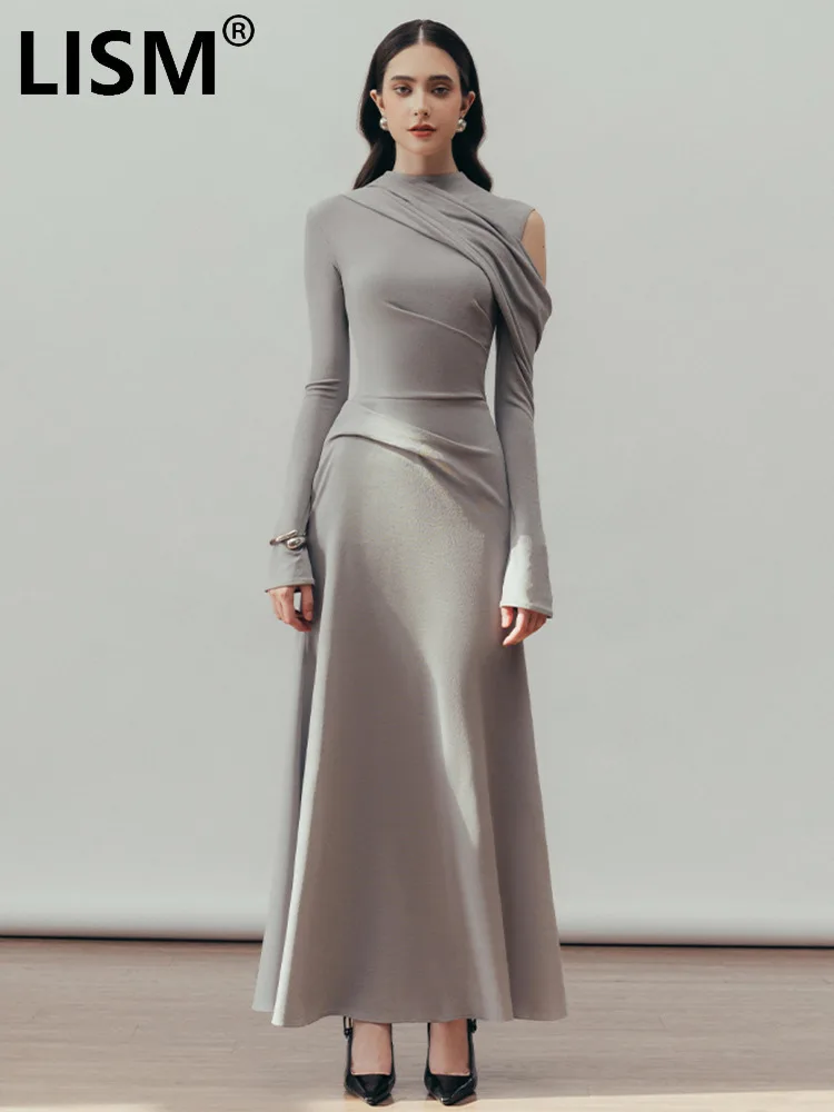 LISM moda mujer vestido de noche cuello redondo diseño calado plisado cintura alta elegante vestido de punto de fiesta 2024 otoño nuevo