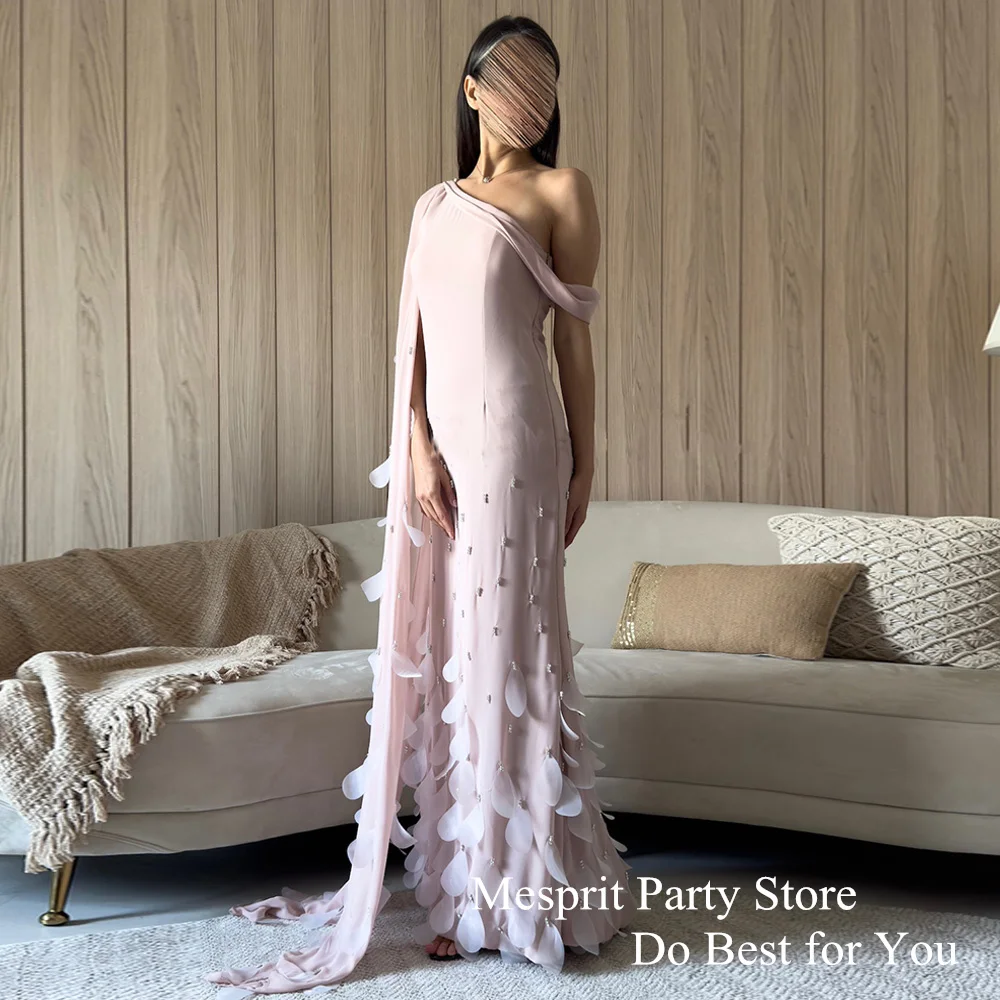 Floral Petals Evening Dress One Shoulder Long Cape Beading Pearls Floor Length Formal Occasion Dresses Saudi Party Prom Gown