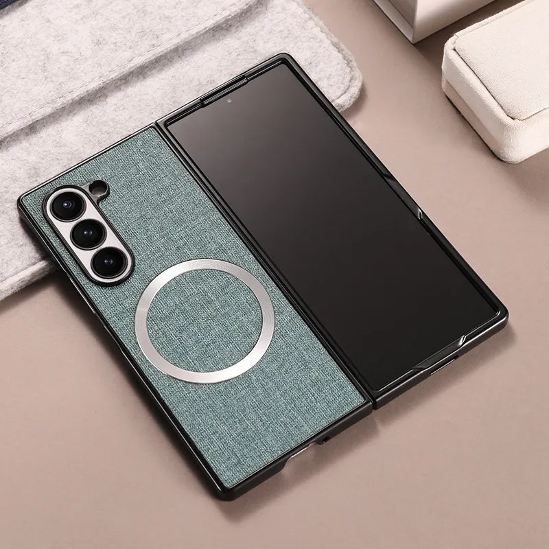 For Samsung Galaxy Z Fold 6 Magnetic Case ELVEV TPU +PC Anti-slip Ultra Thin Woven Textile Cloth Pattern Suction Cover