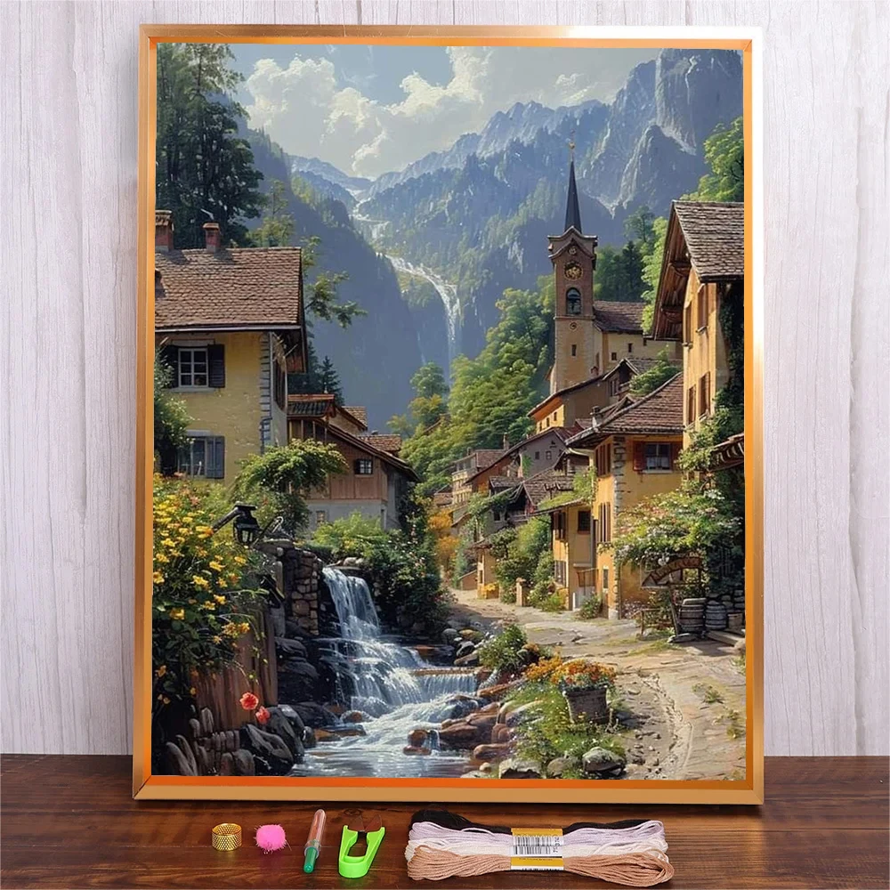 

Diy Cotton Thread Printed Cross Stitch Kit Landscape Painting Pattern Embroidery Kits For Adults Punch Needle Beginner Stitching