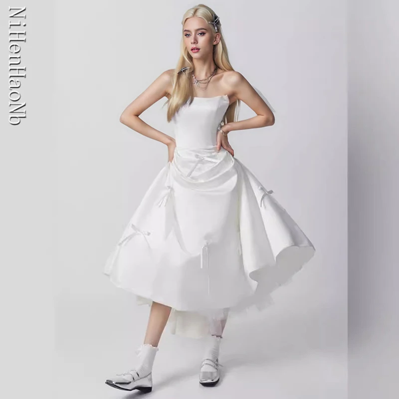 

Black A Line Korea Wedding Customised Dresses Strapless Bowknot Ankle Length Bridal Gowns Formal Party Dress
