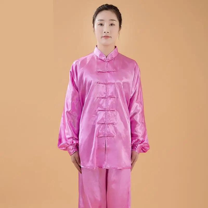 Women Silk Satin Yaga Tai Chi Suit Female Chinese Style Stand Collar Kung Fu Wushu Martial Arts Uniform Performance Jacket Pants