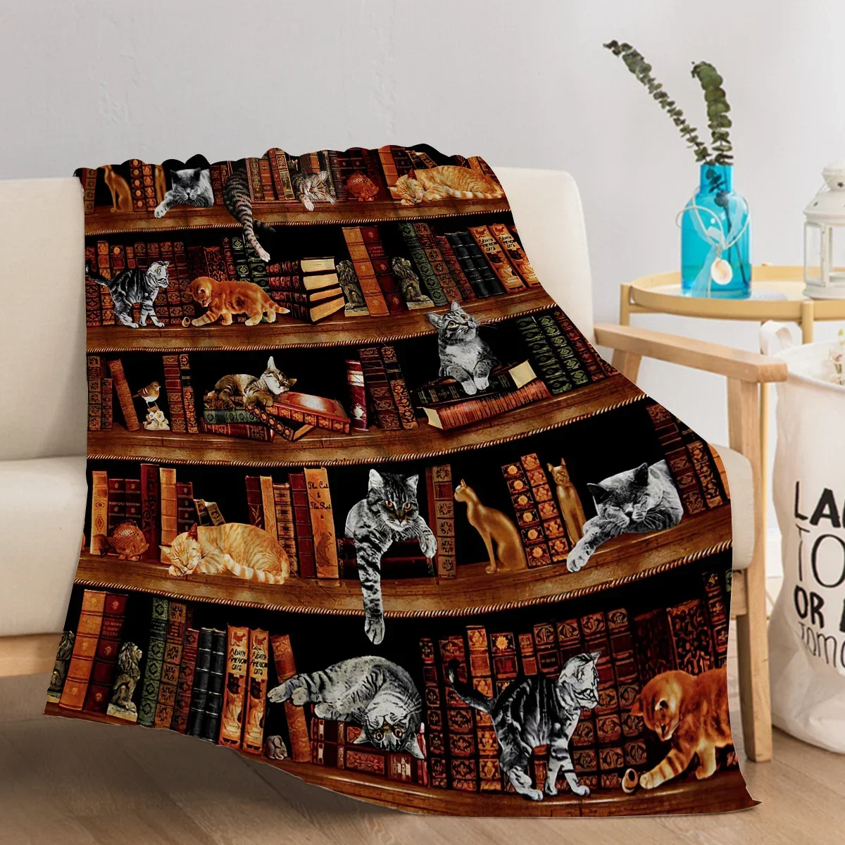 Bookshelf And Cats Feather Printed Throw Blanket Plush Fluffy Flannel Fleece Blanket Soft Throws for Sofa Couch and Bed