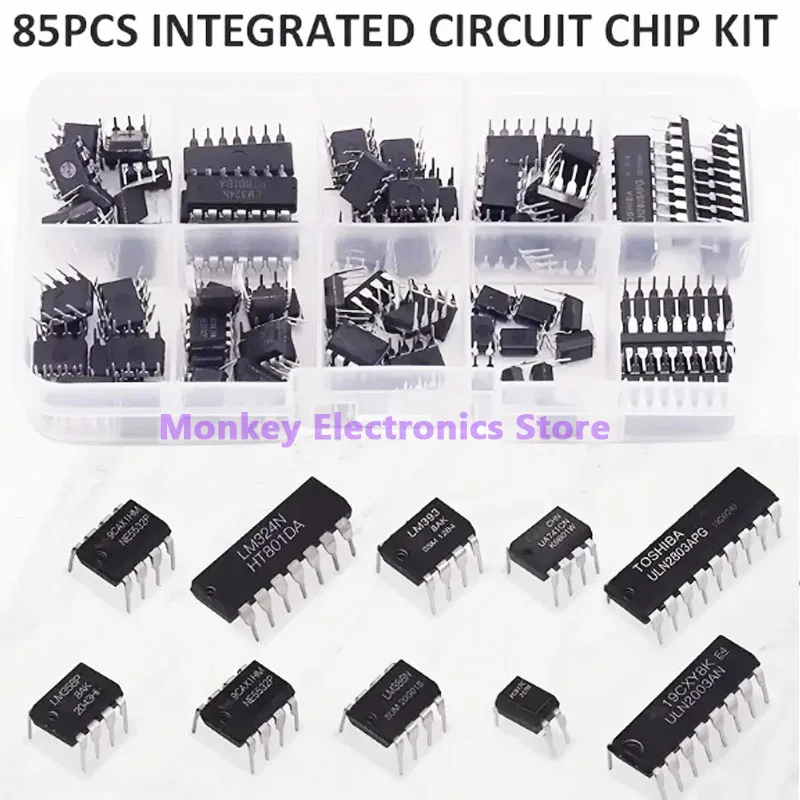 85PCS Integrated Circuit IC NE555 LM324 LM358 ULNN2803 IC chip kit DIP single precision timer 10 kinds diy kit electroni tentacl