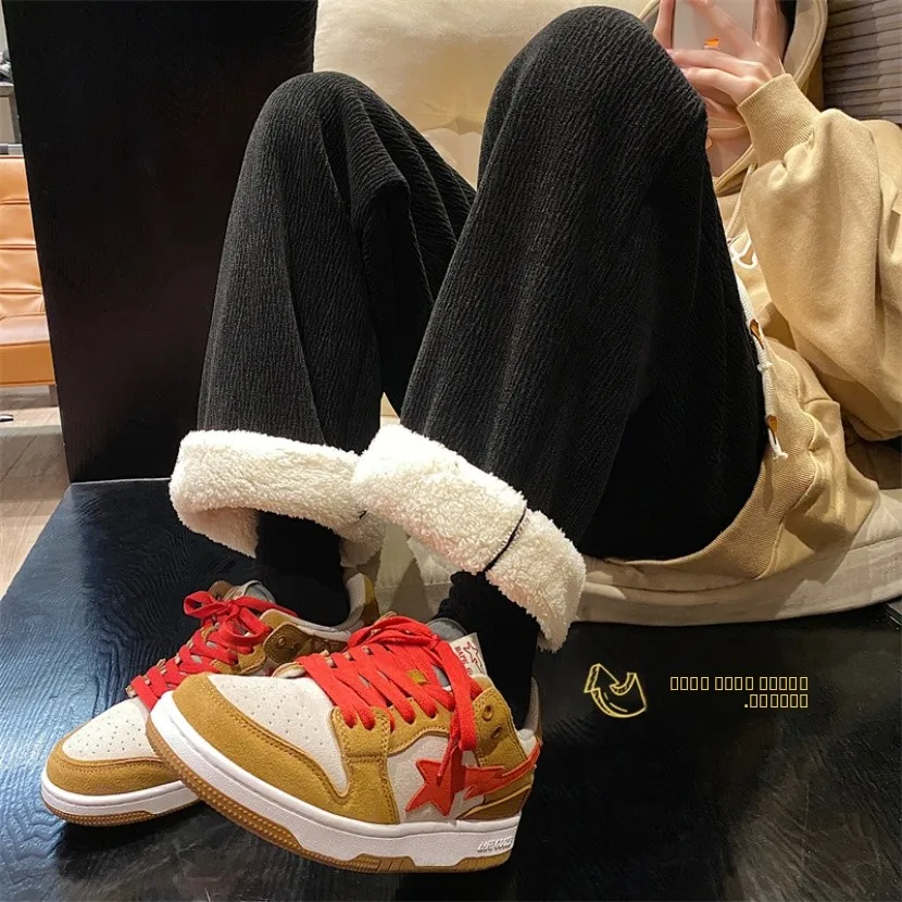 

Lamb Velvet Men's Winter Thiened Sports Pants American Sle Casual Straight Leg Long Trousers Faionable Loose Fit