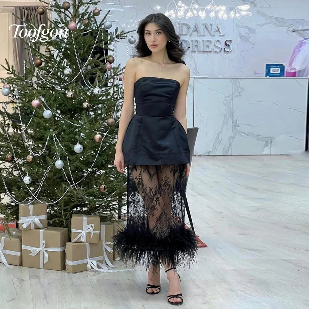 

Toofgon Strapless Satin Black Short Prom Dresses Women Customized Lace Feathers Backless Formal Occasion Party Evening Gown