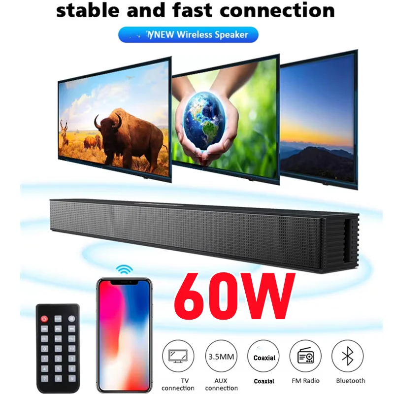 60W Wireless Bluetooth Sound Bar Home Theatre Speaker Hifi Stereo Support FM Radio/AUX/HDMI/Coaxian/Optical Input TV Soundbar