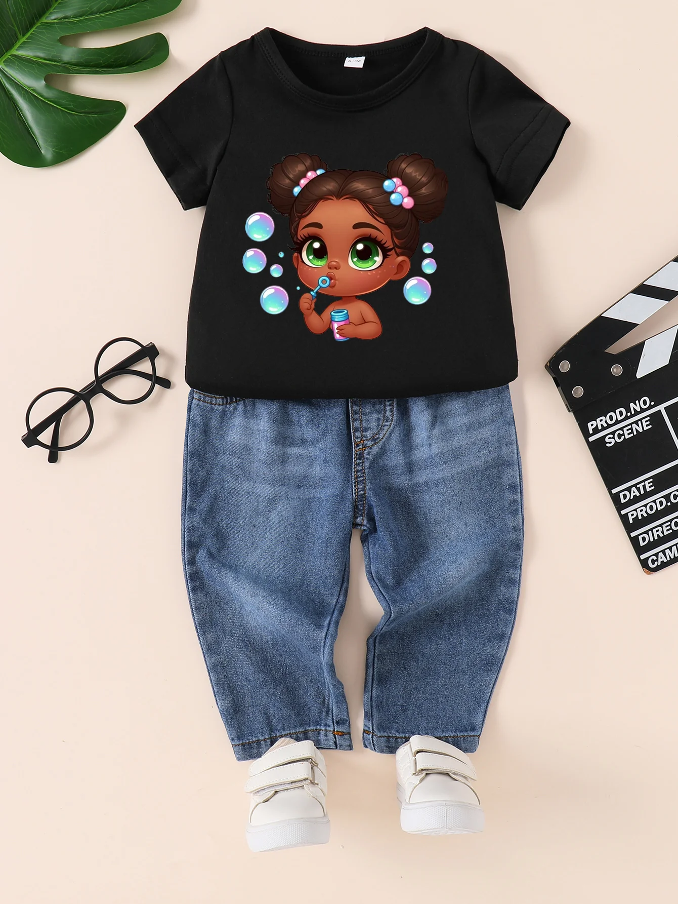 Summer New Boys and Girls Short sleeved Black T-shirt Round Neck Pullover+Denim Pants Set