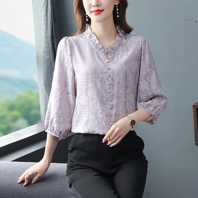 M-3XL Fashion Floral Printed Silk shirt New Retro Women top 3/4 Sleeve Casual Pullover Blouse