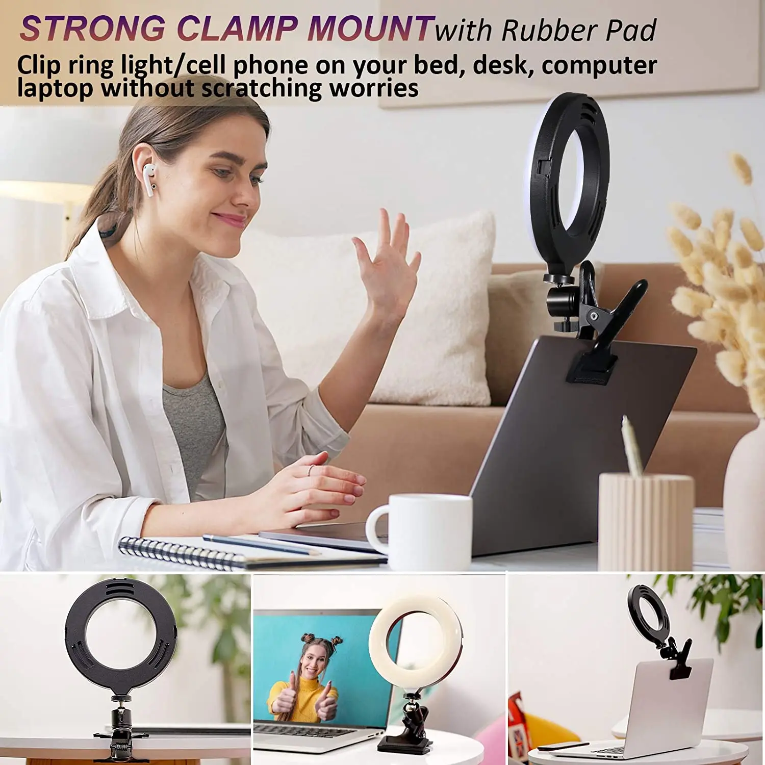Mastten Vòng Ánh Sáng Cho Điện Thoại Laptop, 6 "Vòng Kẹp Núi, hội Nghị Video Chiếu Sáng Với Bluetooth Từ Xa/Điện Thoại/Chân Máy