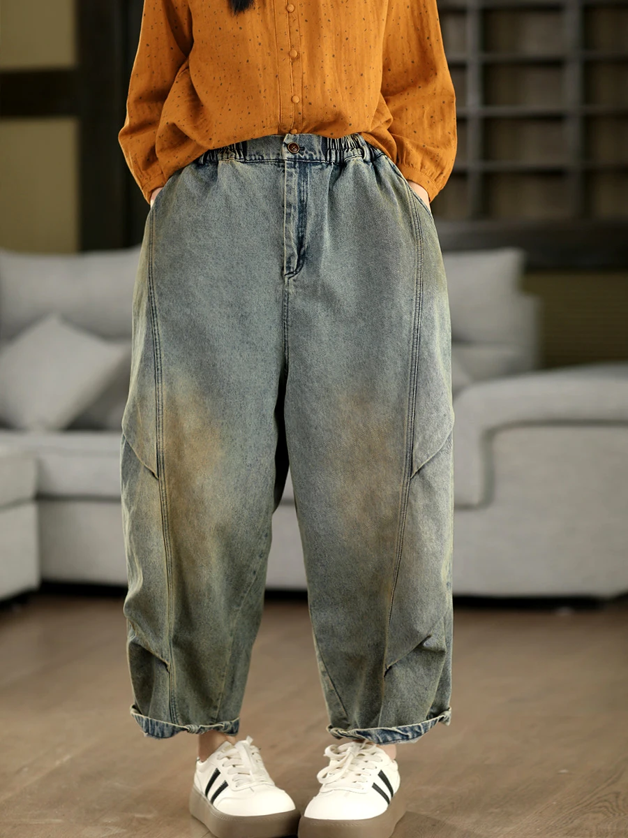 

Waed Vintage Denim Jeans Women's Hand Pleated Slimming Casual Loose Long Pants Spring High Waist No Stretch Other Fabric