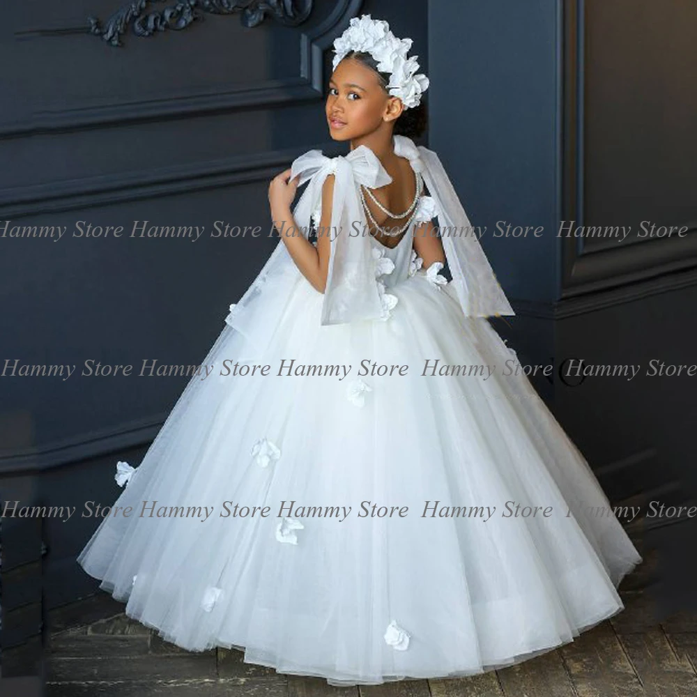 Kids First Communion Dress Custom White Tulle Ball Gown Birthday Party es Bow Pearls Puffy  Wedding Flower Girl 