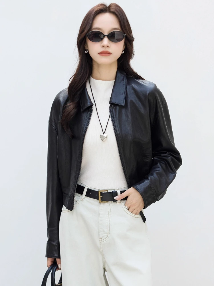 スリムショート本革バイクジャケット女性用春秋2025新作高級シンプル無地ソフトオイルワックスリアルシープスキンコート