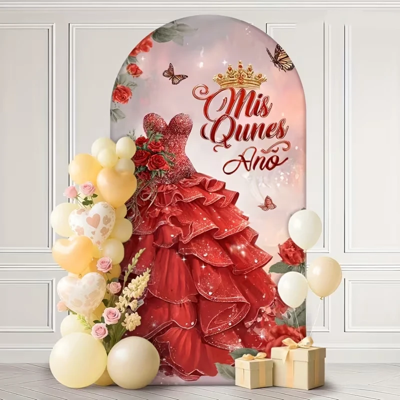 LS Custom 2-Sided Red Quinceanera Dress Sweet Princess 15th Birthday Party Covers Chiara Arch Background Decor Backdrop Photo
