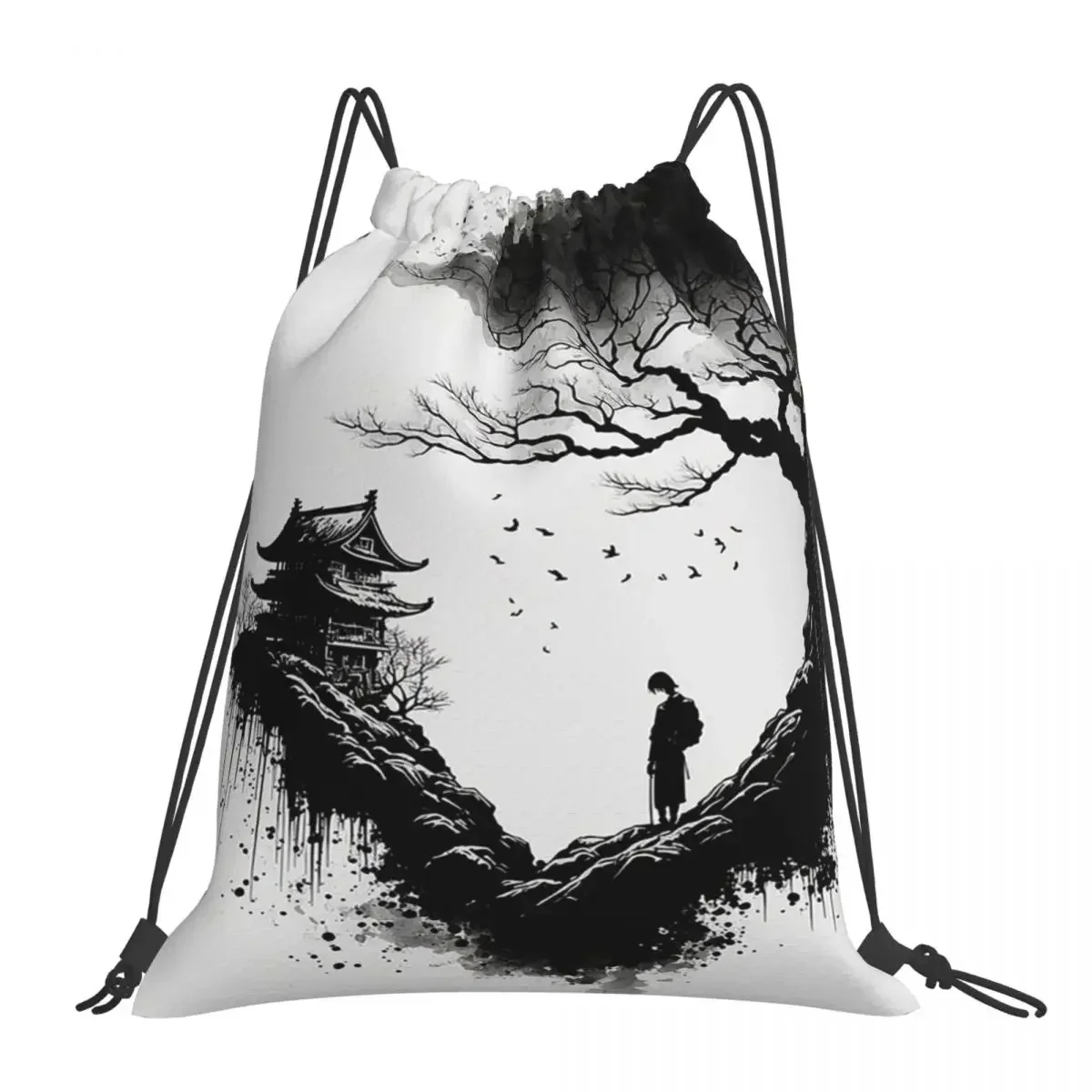 Japanese Ink Drawing Backpacks Portable Drawstring Bags Drawstring Bundle Pocket Sports Bag BookBag For Man Woman Students