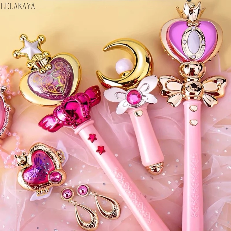 

Anime Light Music Magic Wand Children Glowing Toys Play House Pretend Fairy Princess Jewelry Crown Earrings Box Set for Girls