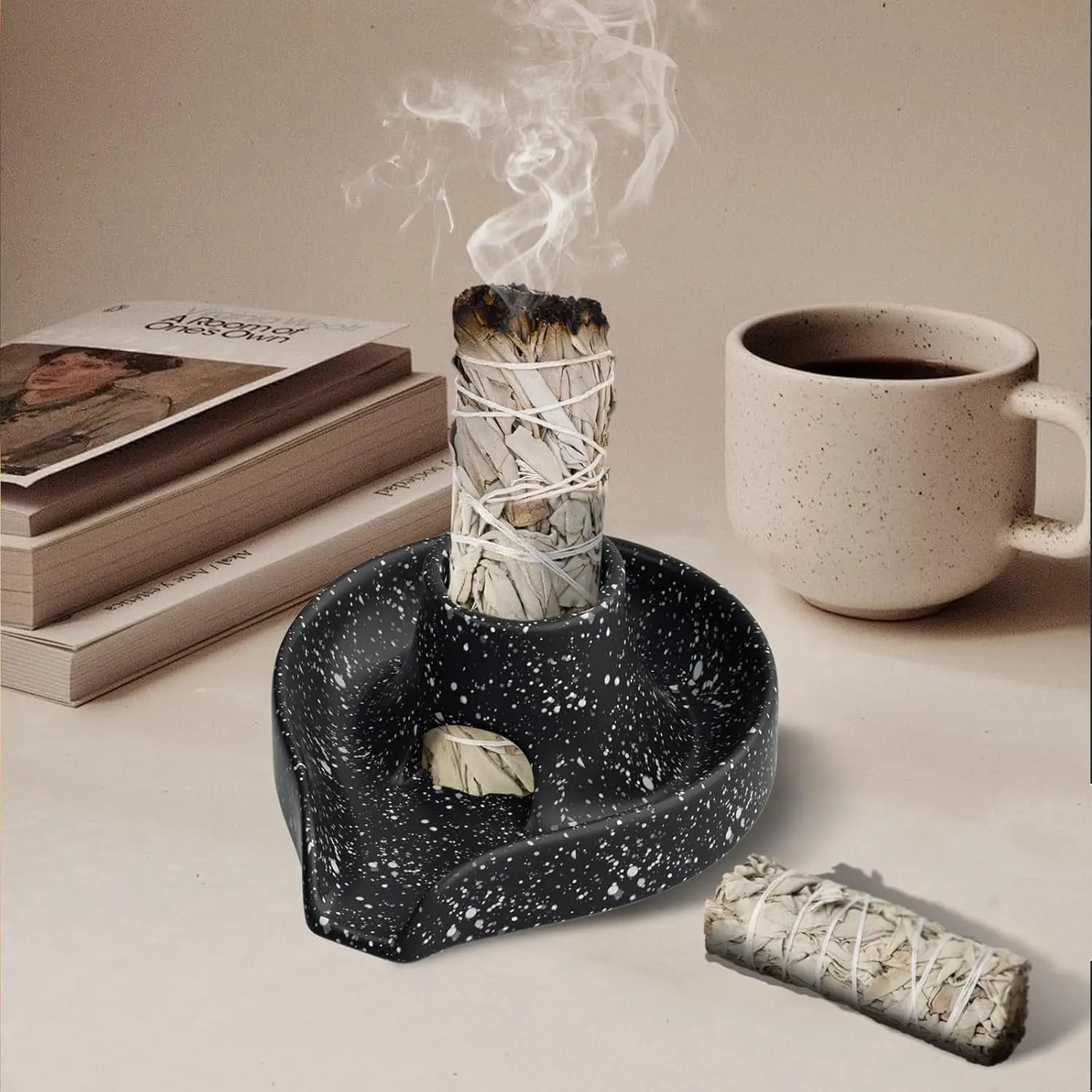 Ceramic Palo Santo Sticks Holder Sage Smudge Holder Incense Holder with Ash Catcher Tray for Meditation Yoga Room