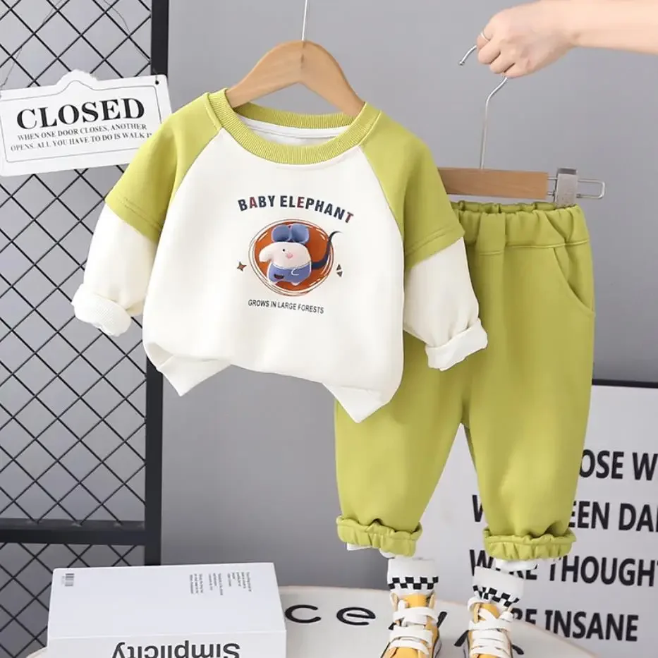 Chándales de estilo coreano para niños, ropa de bebé de otoño con dibujos animados de retazos, Jersey informal, sudaderas con capucha y pantalones, trajes de Boutique para niños