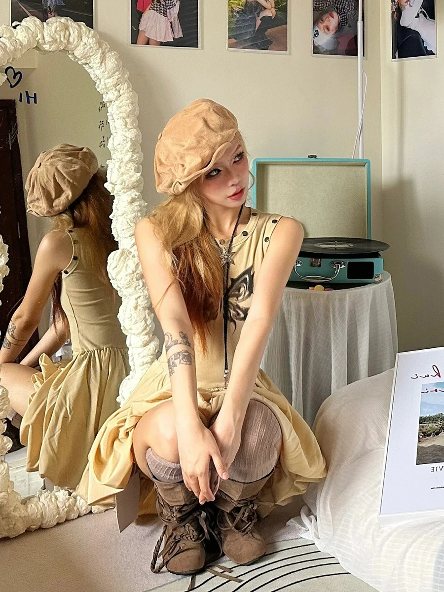 RORORIRI ผีเสื้อพิมพ์มินิเดรสผู้หญิงพังก์หมุดย้ำ O-คอแขนกุด SLIM FIT PUFFY BUD วันพีซ GREYU VINTAGE เสื้อผ้า