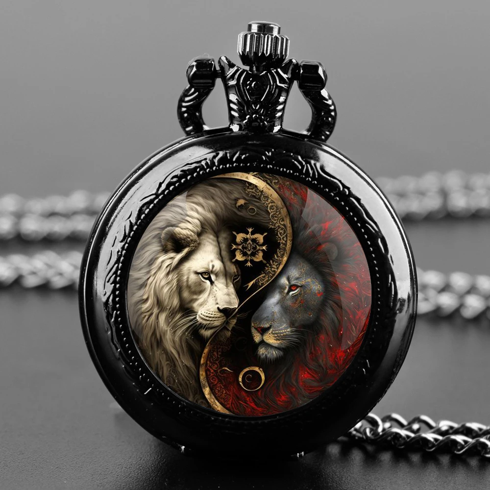 Yin-Yang Lion Design Special Gift Glass Dome Arabic Numerals Quartz Pocket Watch Necklace Pendant Clock Chain Men Women Gifts