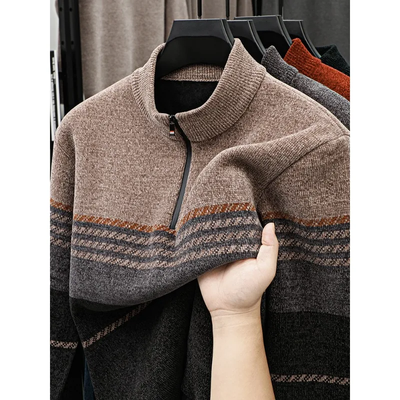 

Half-high Collar Zipper Stand Collar Winter Sweater for Men Dad Style with Lining and Thickening Warm Knitted Base Shirt for Men