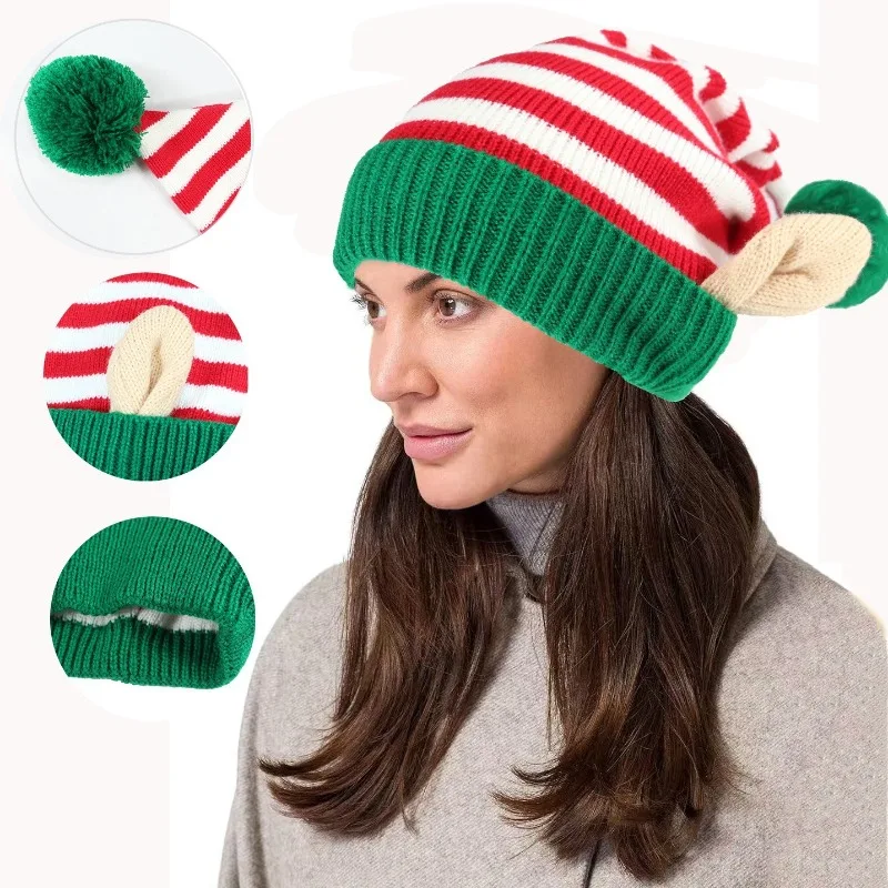 

2025 Holiday Furry Ear Hat-Long Tail Striped Knit Cap with Pom Pom, Elf Earmuff for Role Play, Christmas Party Costume Accessory