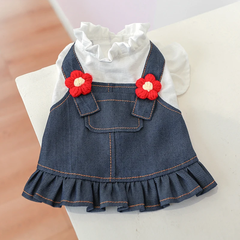 1PC Pet Clothing Dog Spring/Summer Denim Princess Dress Pocket Small Flying Sleeve Strap Dress For Small Medium Dogs