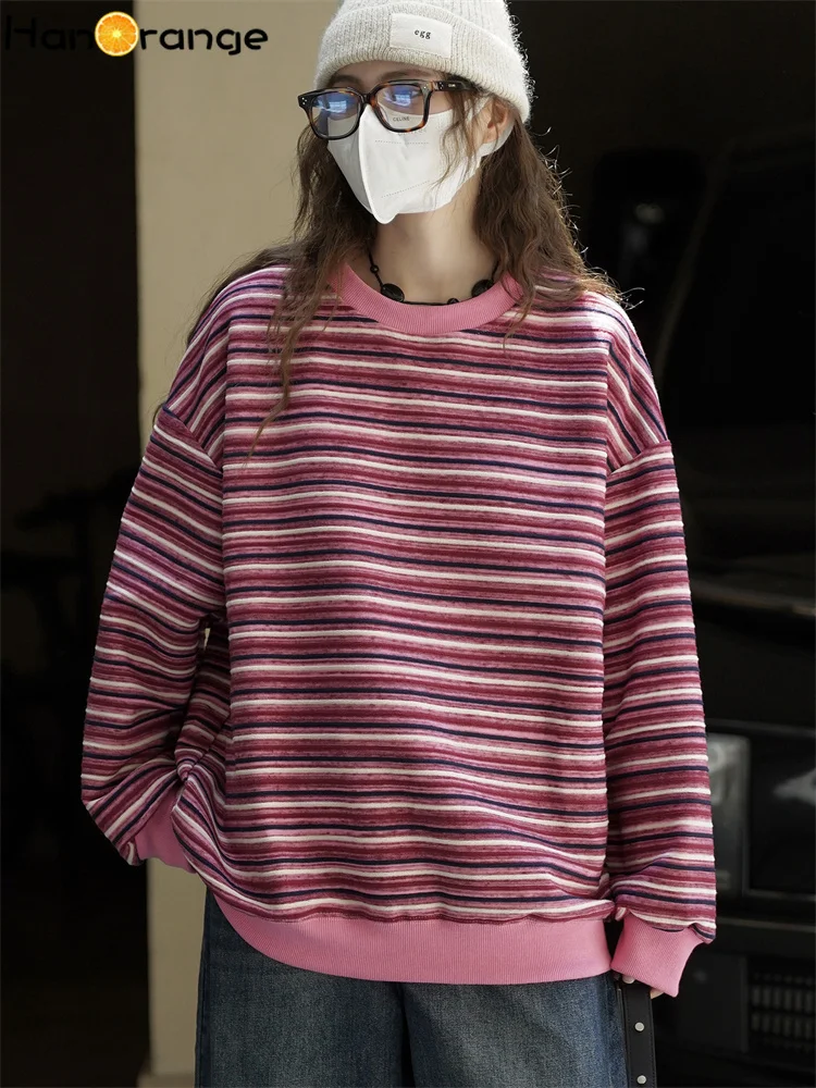 

HanOrange 2025 Autumn Fashion Retro Falling Shoulder Contrast Striped Sweatshirt Women Loose Top Pink/Black