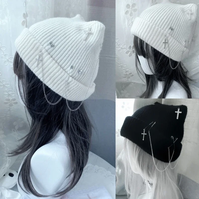 Winter Harajuku Gothic Lolita Knitted Cat Ear Hat Y2K Girl Crochet Punk Design Beanie Hat Fashion Knitted Cap Clothe Accessories