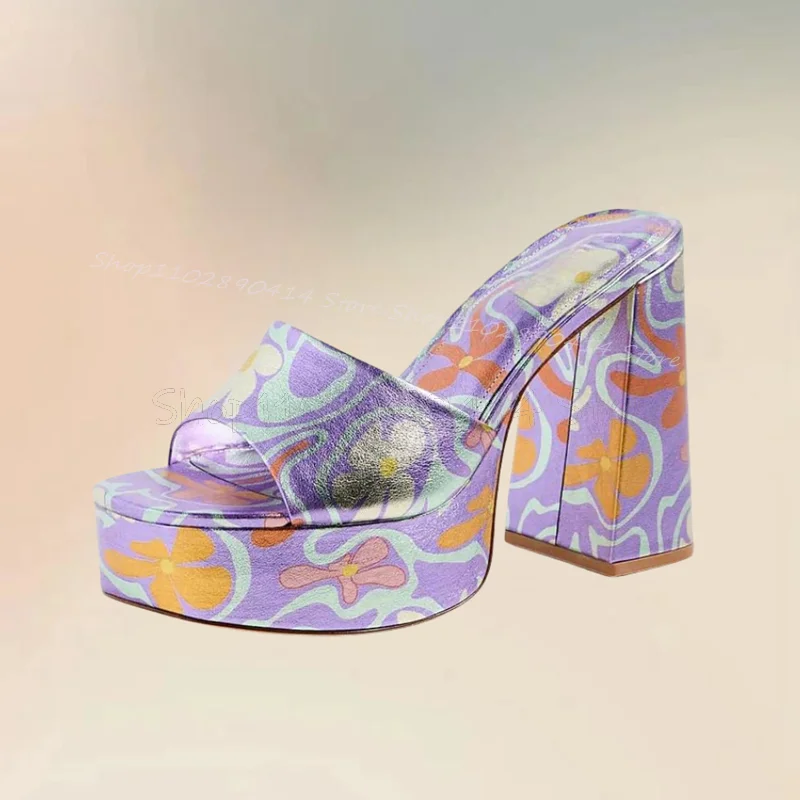 Purple Floral Print Open Toe Platform Slippers Slip On Women Shoes Chunky High Heels Novel Party Feast 2024 Zapatos Para Mujere