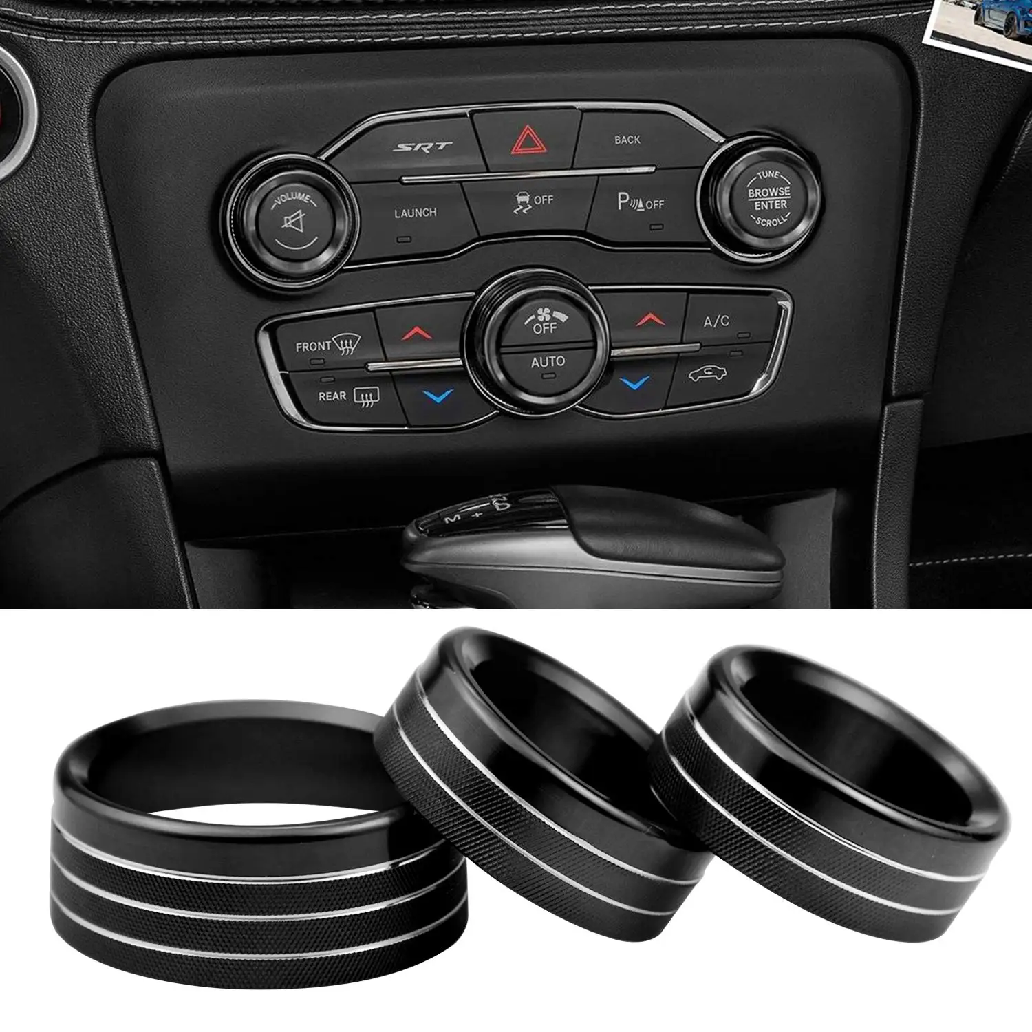 for Dodge Challenger Charger (2015-2021) AC Climate Control Knob Cover Auto Volume Tune Switch CD Button Trim Compatible for Chr