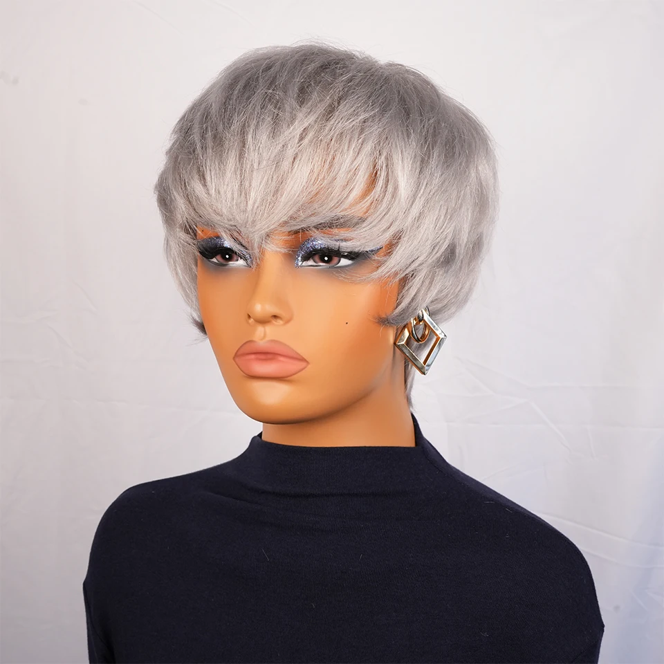 رمادي اللون عابث قصيرة مستقيمة الطبقات البرازيلي باروكة من شعر طبيعي للنساء 6 بوصة آلة صنع غطاء شبكي وردي لا ذرف شعر مستعار #5