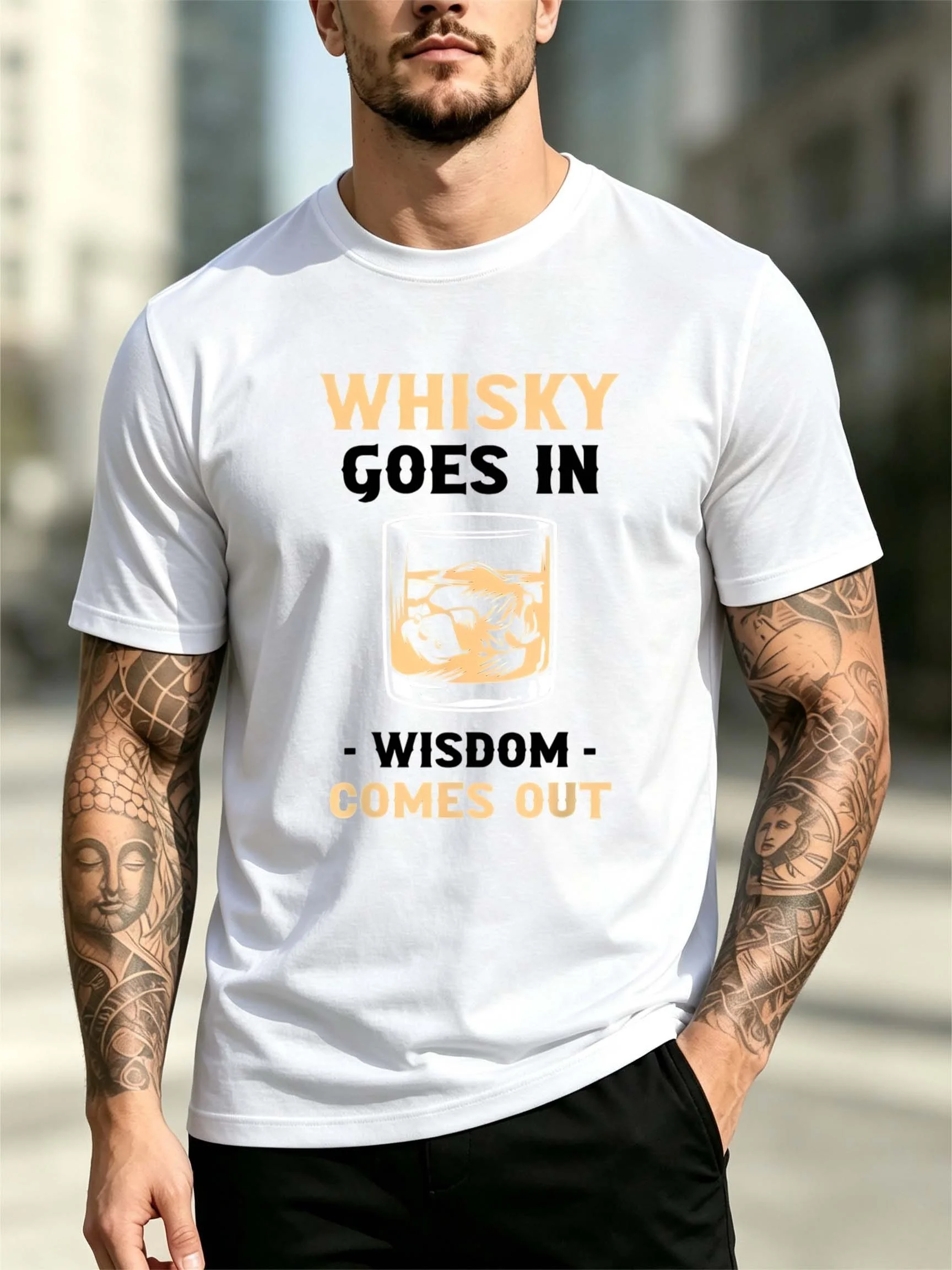 Men's Casual Top with Warm Yellow Whiskey Glass Text Print on the Chest, Suitable for Wine Tasting, Bar Gatherings, and Everyday Wear, Featuring a Loose Fit, Round Neck, and Short Sleeves