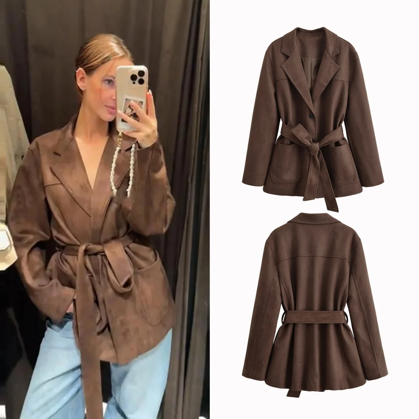 

Women's Faux Suede Loose Windbreaker Jackets Solid With Belt Long Sleeve Trench Coat Female Fashion Chic Blazers Jackets Streetw