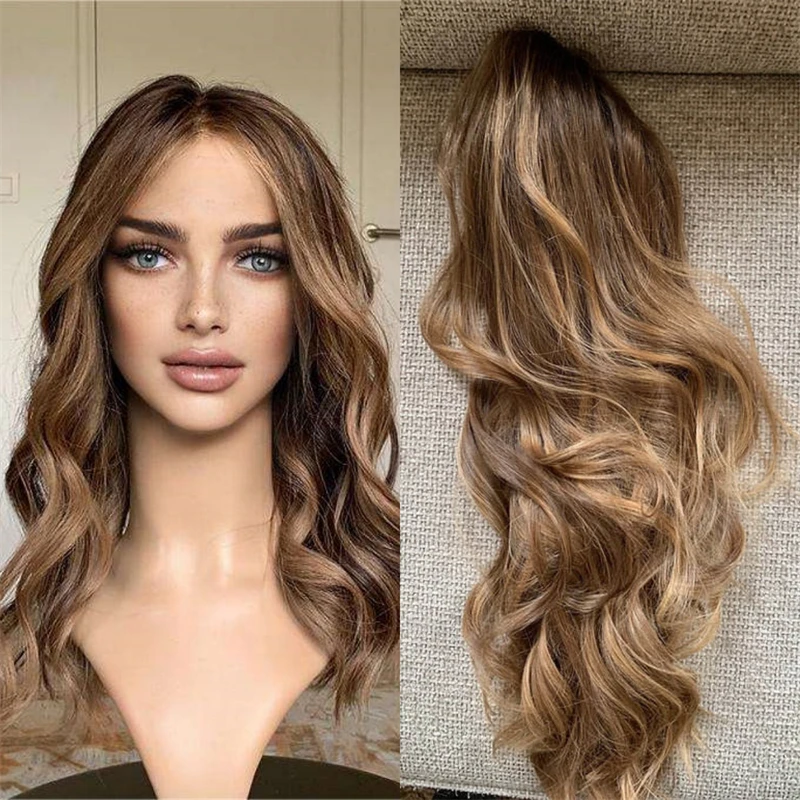 

Synthetic Wig Ombre Blonde Brown HD Lace Front Wig Realistic Hairline Wig Body Wave Glueless Wigs for Women Heat Resistant Fiber