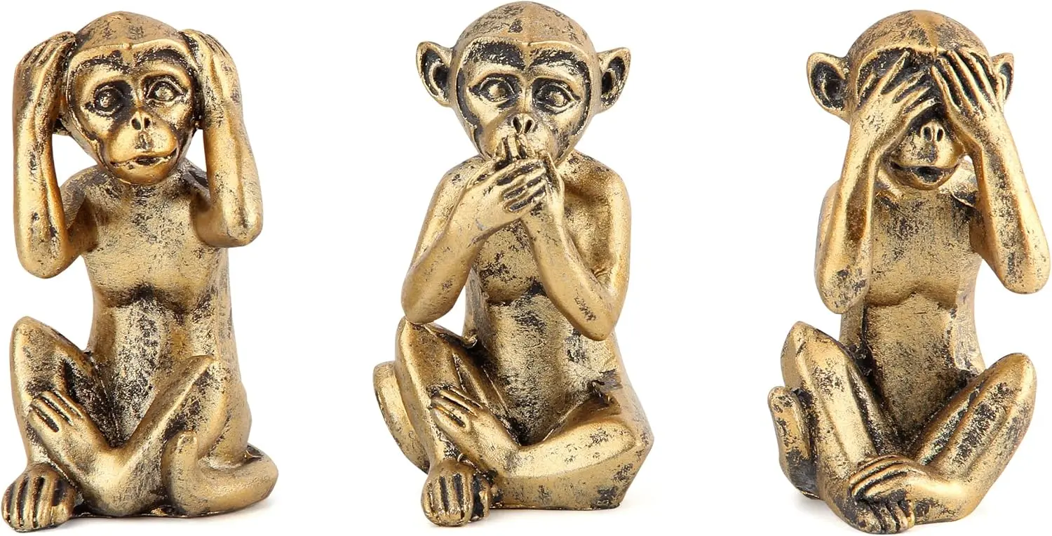 3 Wise Monkeys Statue for Home Decor Accents,Hear no Evil See no Evil Speak no Evil Figurine for Living Room Boho Desk Gold Mode