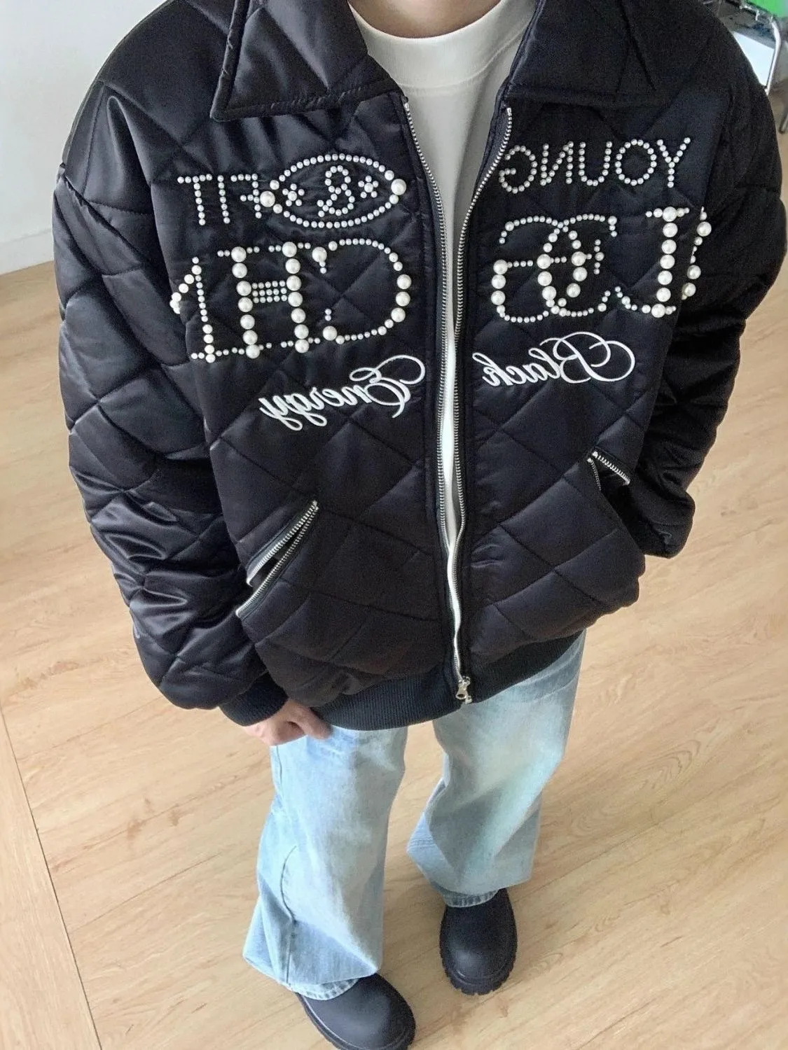 

American Sle Men's Thiened Cotton Jaet Winter Warm Outerwear Pearl Embroidery Loose Fit Youth Faion ort Coat