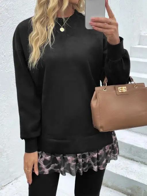 

Women's Hoodie 2025 New Style Women's Hoodie British Velvet Elegant Round Neck Hoodie Leopard Print Patchwork Casual Hoodie