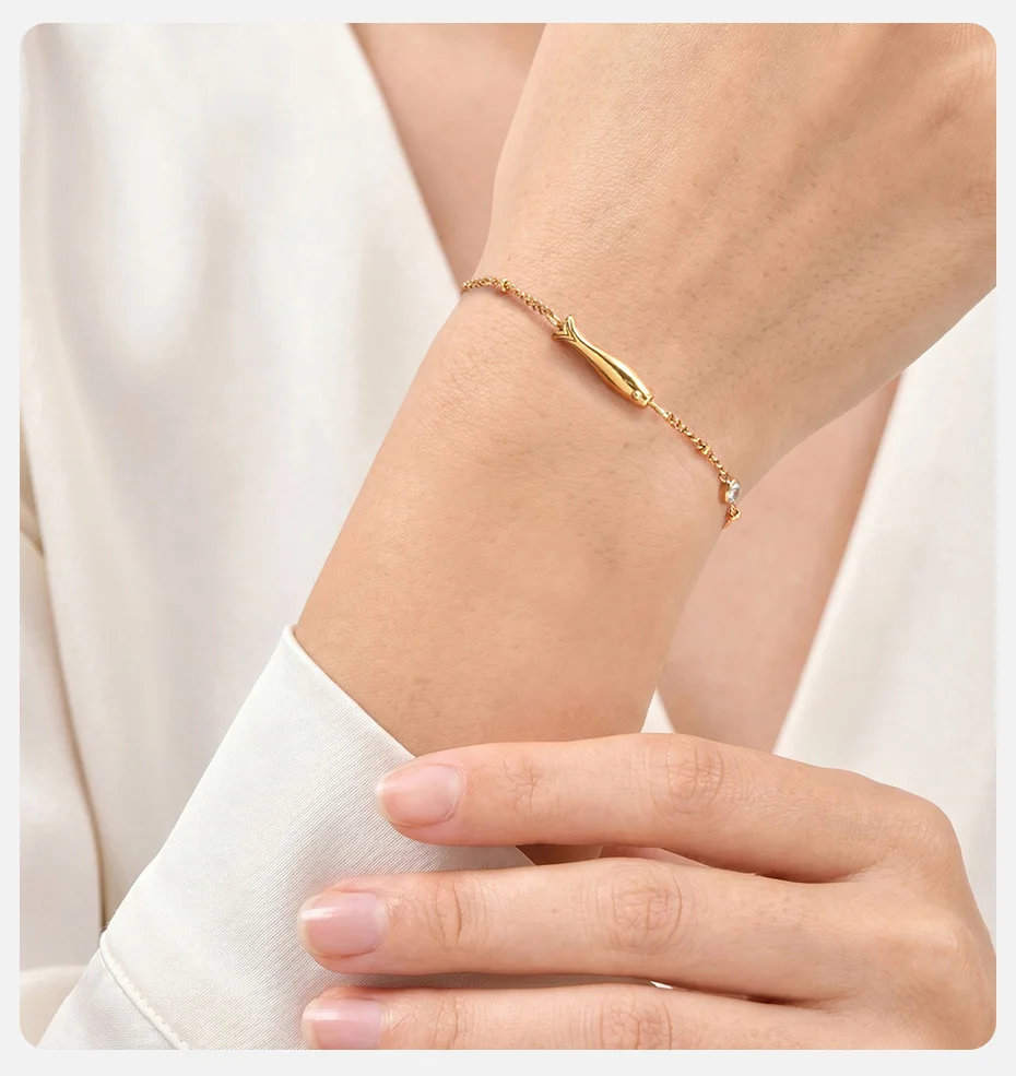 Vnox Minimalistisches AAA Zirkon Armband für Frauen Vergoldeter Edelstahl Fisch-Charm Gliederkettenarmband Sommer Täglicher Schmuck – Detail 3