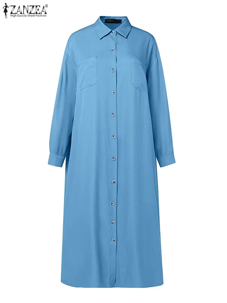ZANZEA Abito lungo da donna Casual Tinta unita Vestido 2025 Autunno Vintage Open Up Bottoni Abito camicia Chic Risvolto Abito a maniche lunghe