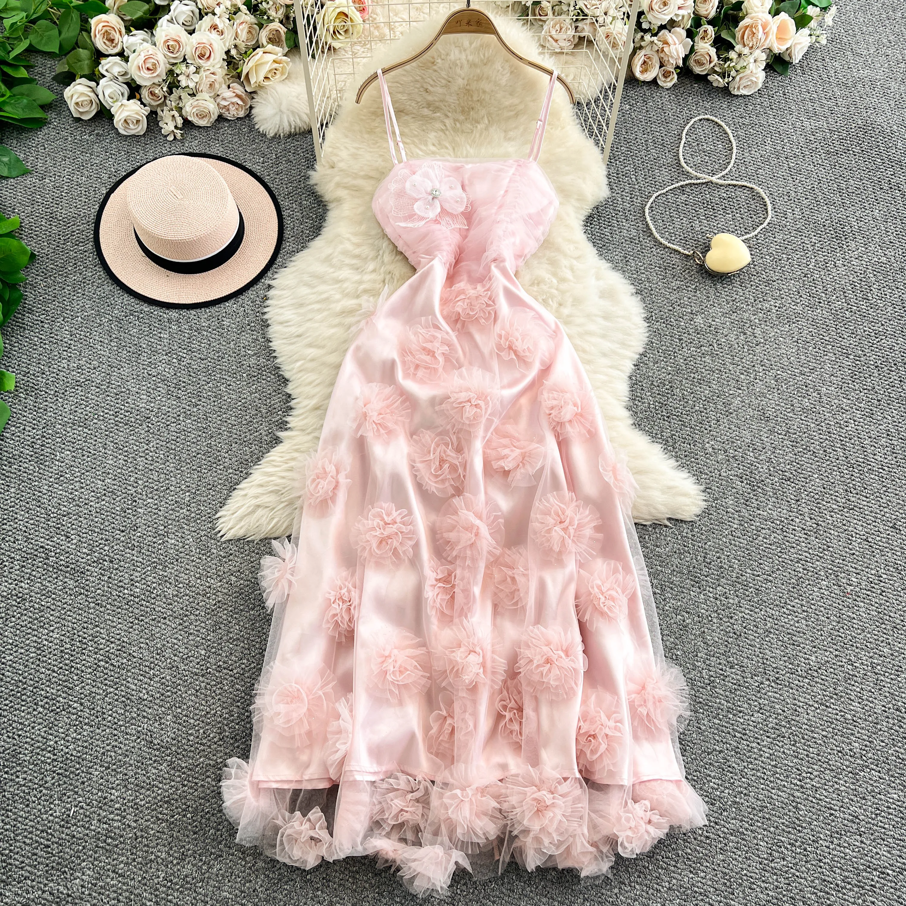 

Chic Three-dimensional mesh Pleated Beach Casual Vacation A-line Vestidos Summer Women dresses