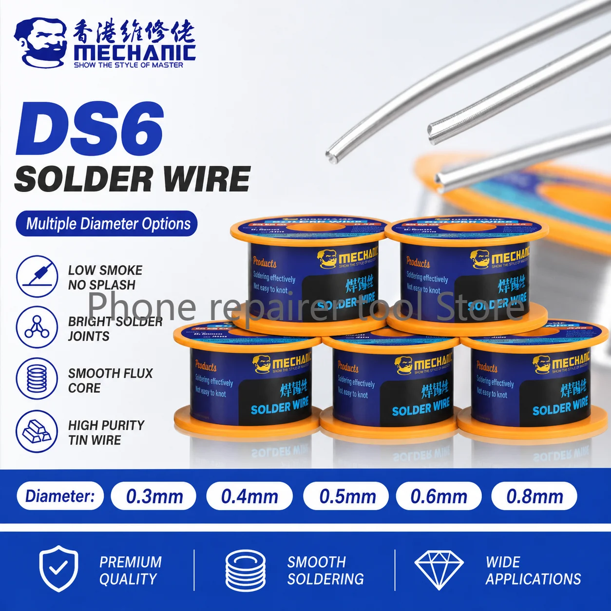MECHANIC DS6 Rosin Core Solder Wire 40g Low Smoke Leaded Tin Wire 0.3/0.4/0.5/0.6/0.8mm for PCB Phone Repair Soldering