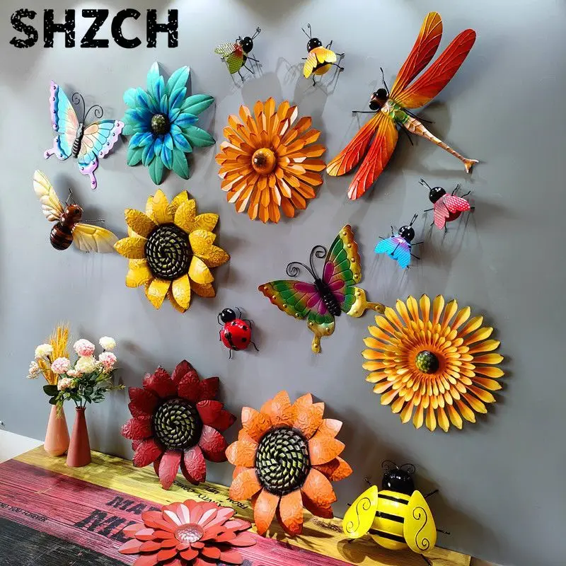 Outdoor Iron Art Flower Dragonfly Bee Ladybug Caterpillar Wall Ornament Garden Courtyard Wall Mural Decoration Home Wall Sticker