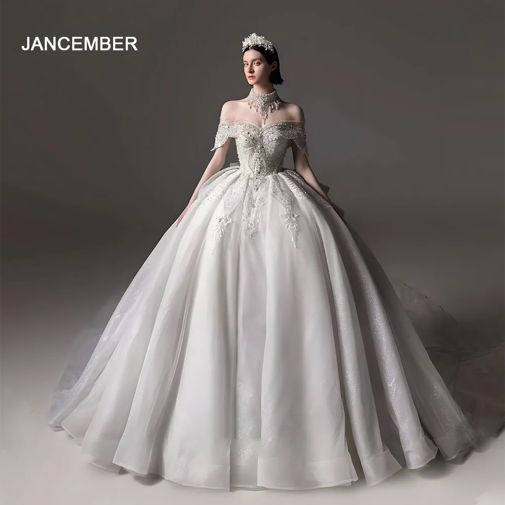 Jancember International Romantic Wedding Dresses Ball Gown Sweetheart Short Sleeves Bow Lace Up Pleat Robe Mariage LSHT001