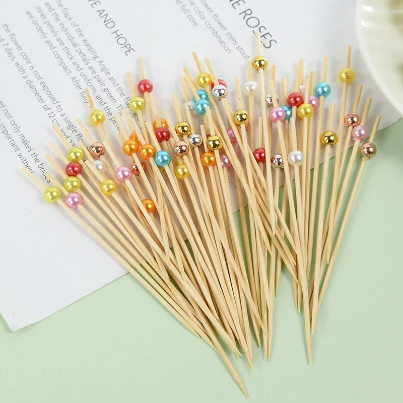 100PC สีสันมุกไม้ไผ่ทิ้ง Skewers ค็อกเทล Sticks ผลไม้ขนมขบเคี้ยวส้อมไม้จิ้มฟัน Skewer งานแต่งงานวันเกิด