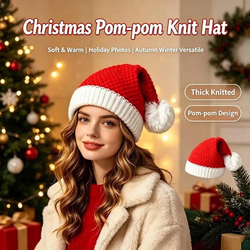 Weihnachtliche gestrickte Weihnachtsmannmütze, dickes warmes Material, flauschiger weißer Pompon für Feiertagspartys und den Außenbereich. – Detail 3