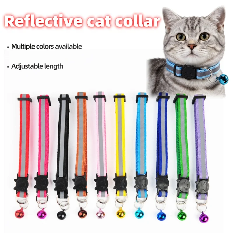 Collar reflectante ajustable para gatos con hebilla de seguridad y cascabel, collar lindo y moderno para gatitos, artículos para mascotas.